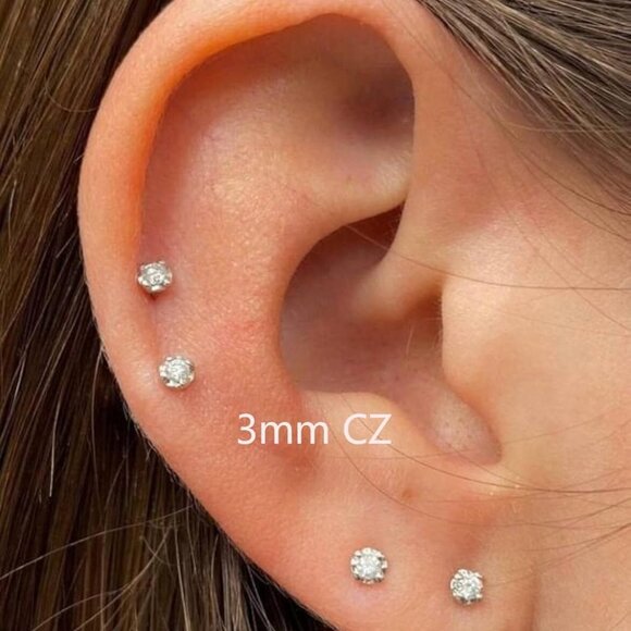 Tiny Silver 3mm CZ Flatback Cartilage Earrings with Screw Back for Helix Tragus - Picture 2 of 7